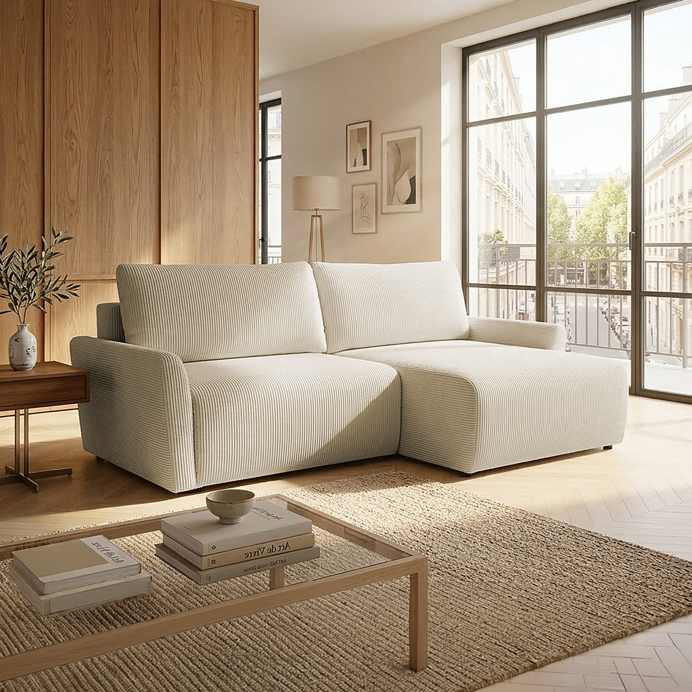 LANA Canapé d'angle convertible et réversible avec coffre en tissu beige