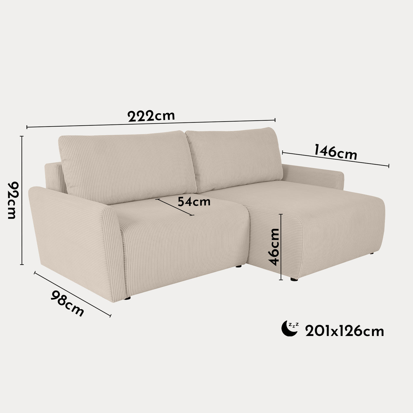 LANA Canapé d'angle convertible et réversible avec coffre en tissu beige