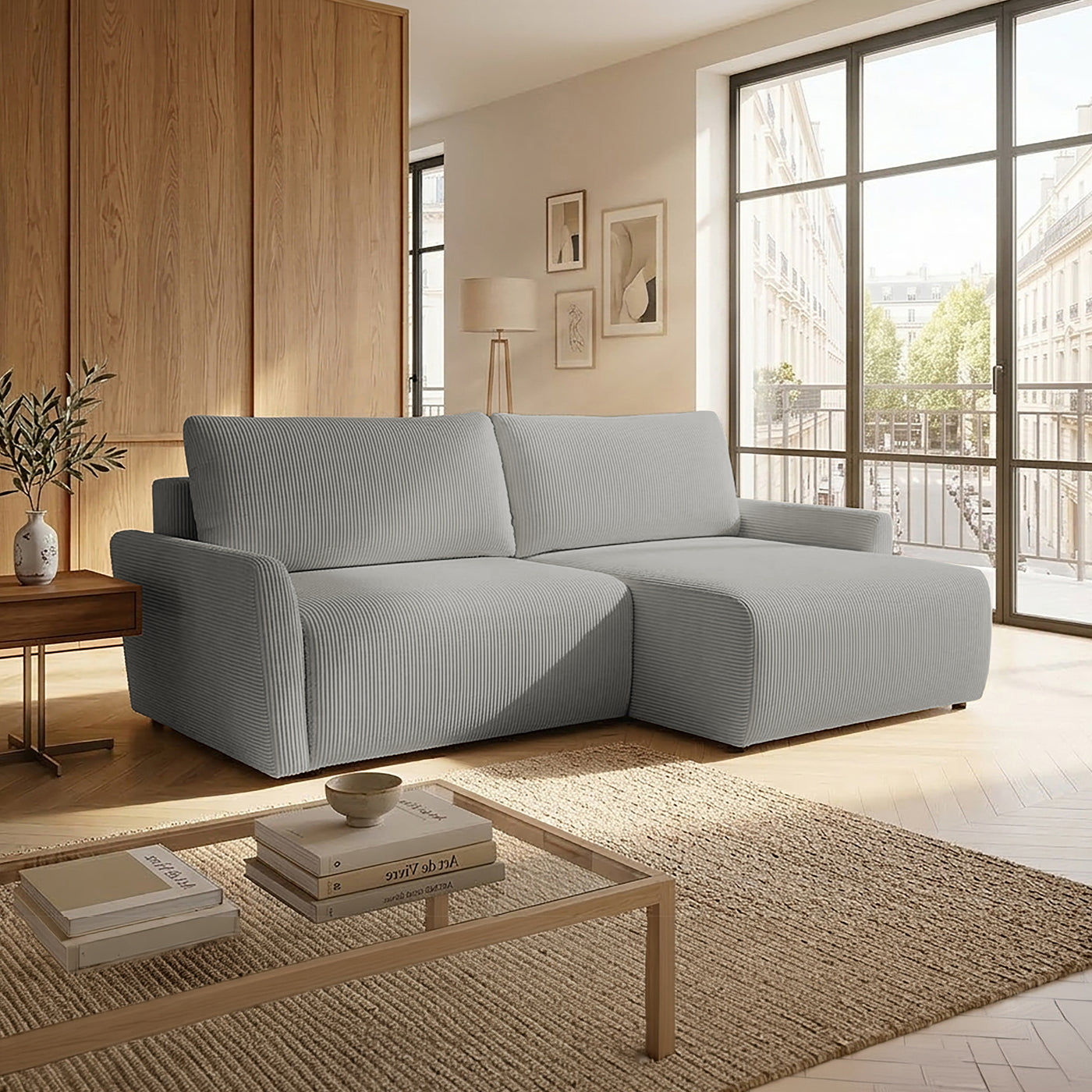 LANA Canapé d'angle convertible et réversible avec coffre en tissu gris clair