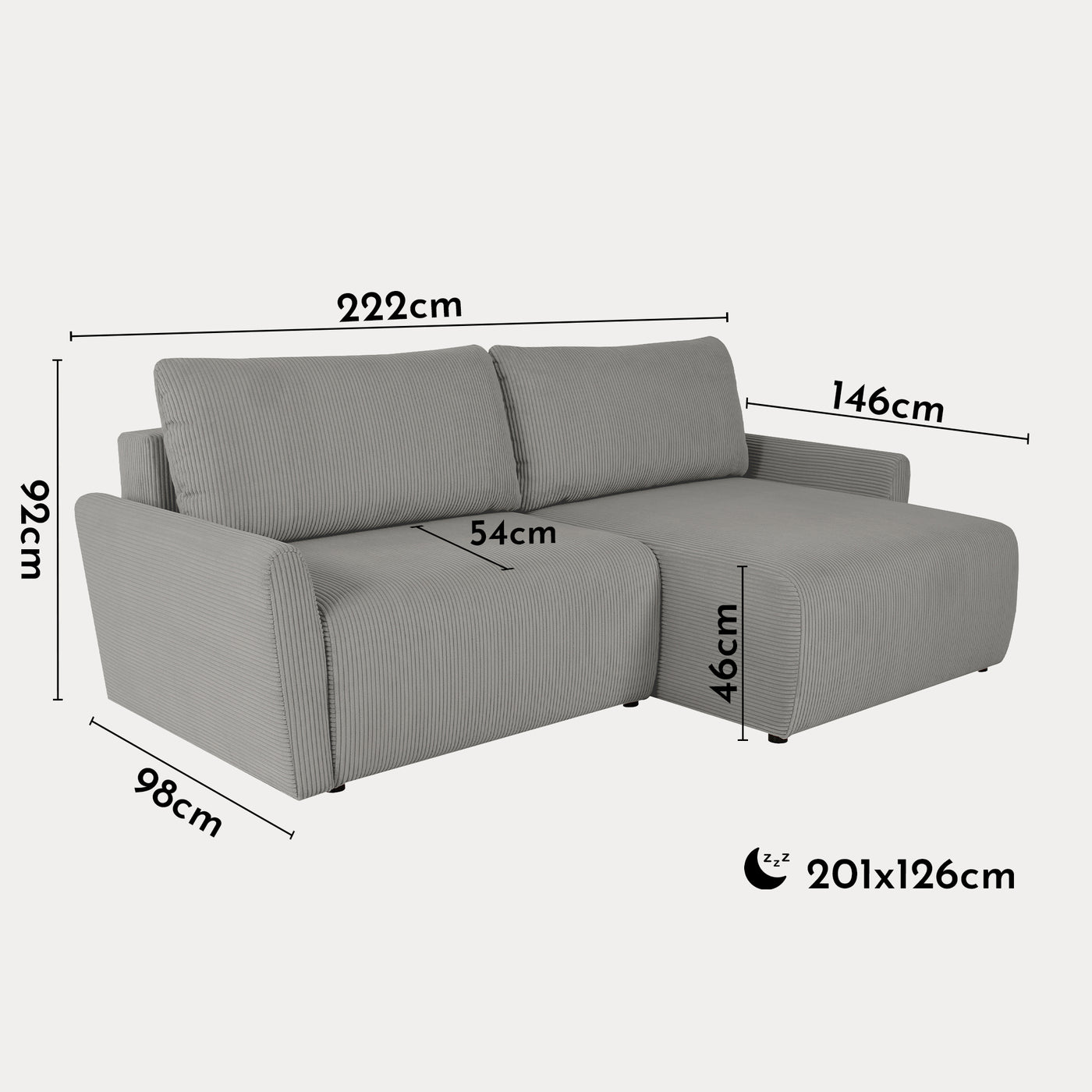 LANA Canapé d'angle convertible et réversible avec coffre en tissu gris clair