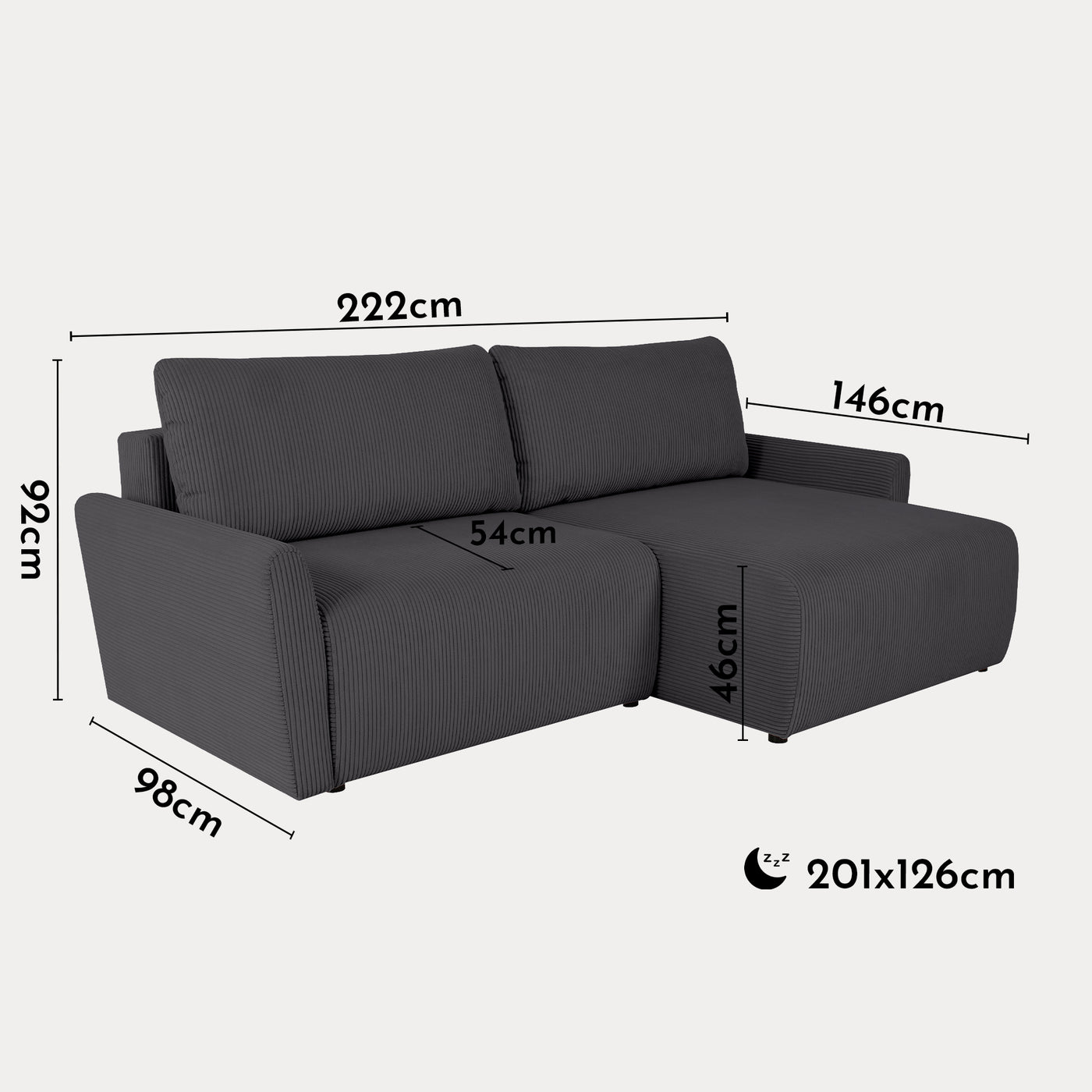 LANA Canapé d'angle convertible et réversible avec coffre en tissu gris foncé