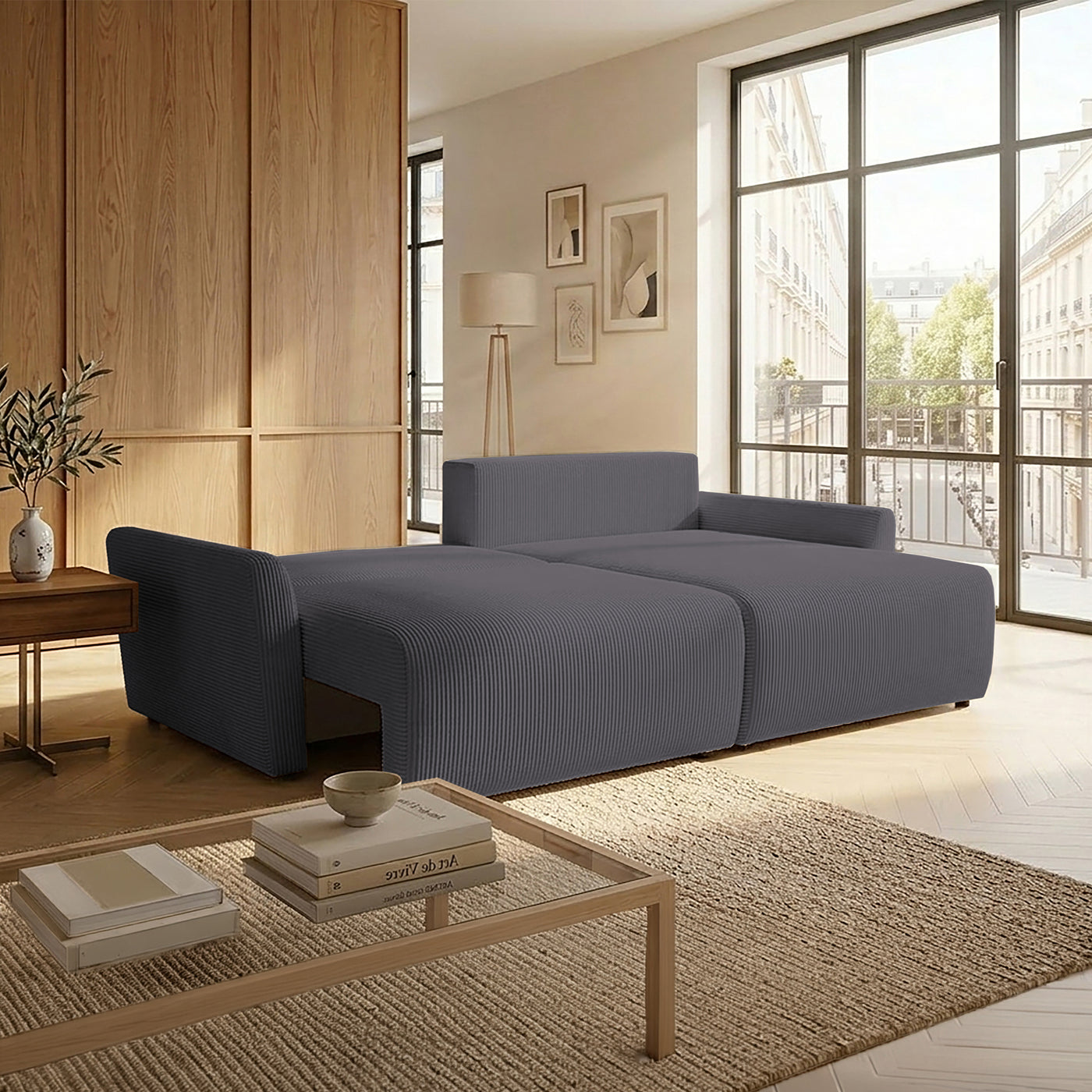 LANA Canapé d'angle convertible et réversible avec coffre en tissu gris foncé