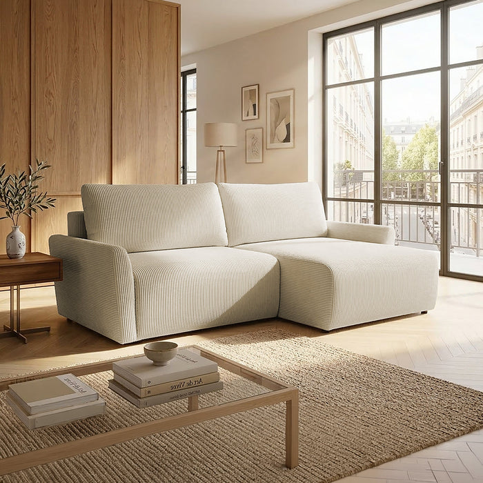 LANA Canapé d'angle convertible et réversible avec coffre en tissu beige
