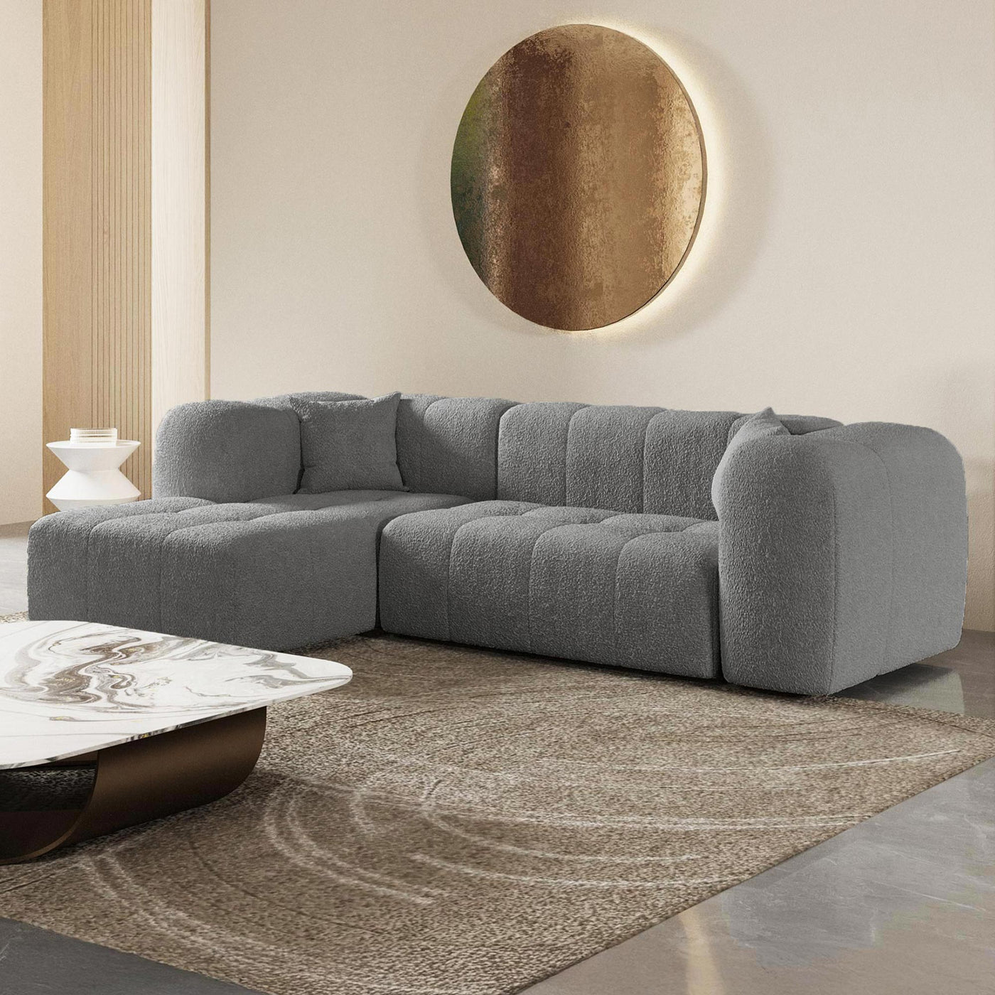 LAYANE Canapé d'angle  tissu bouclette gris - Angle gauche