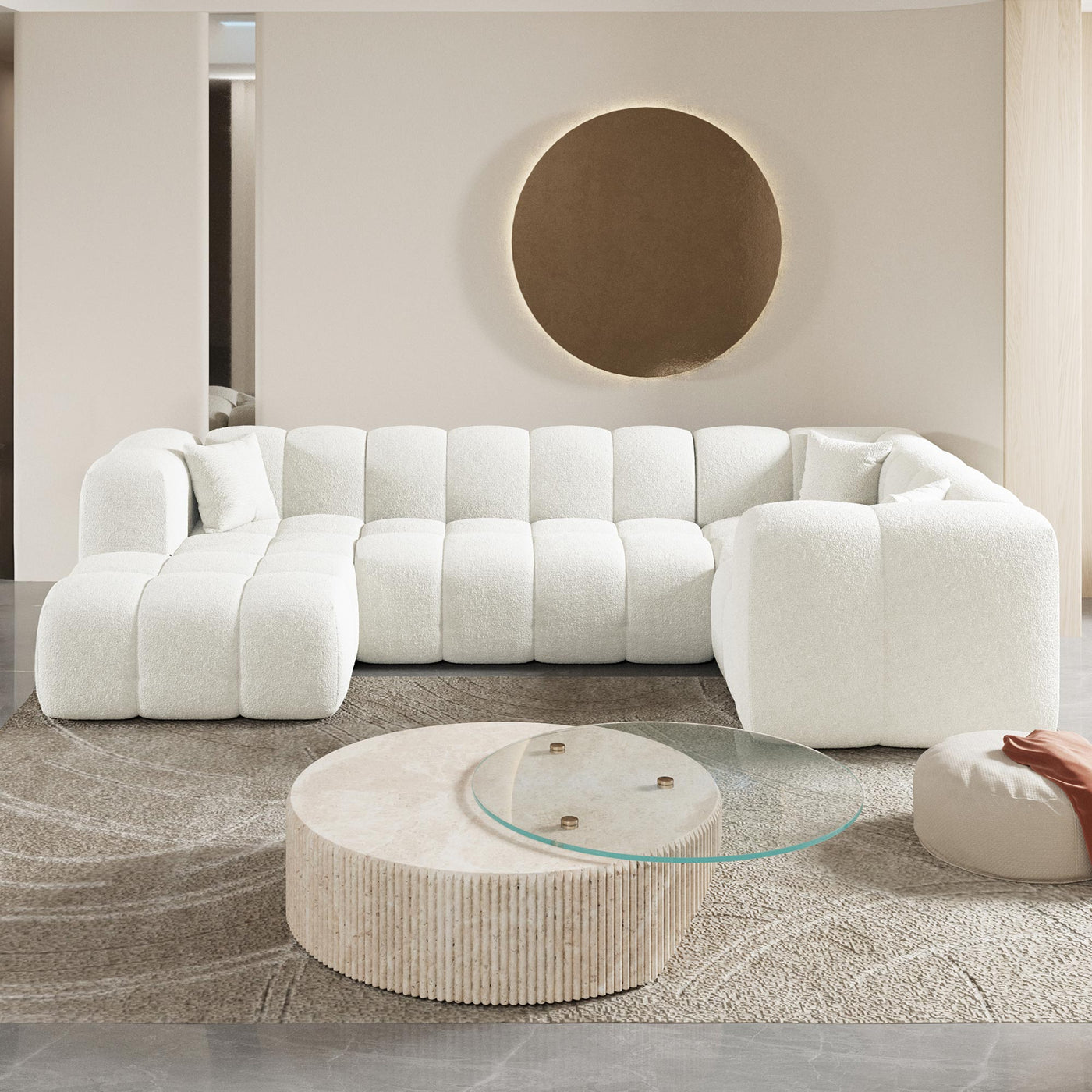 LAYANE Canapé panoramique tissu bouclette blanc écru - Angle gauche - Canapés panoramiques - Mobilier Deco