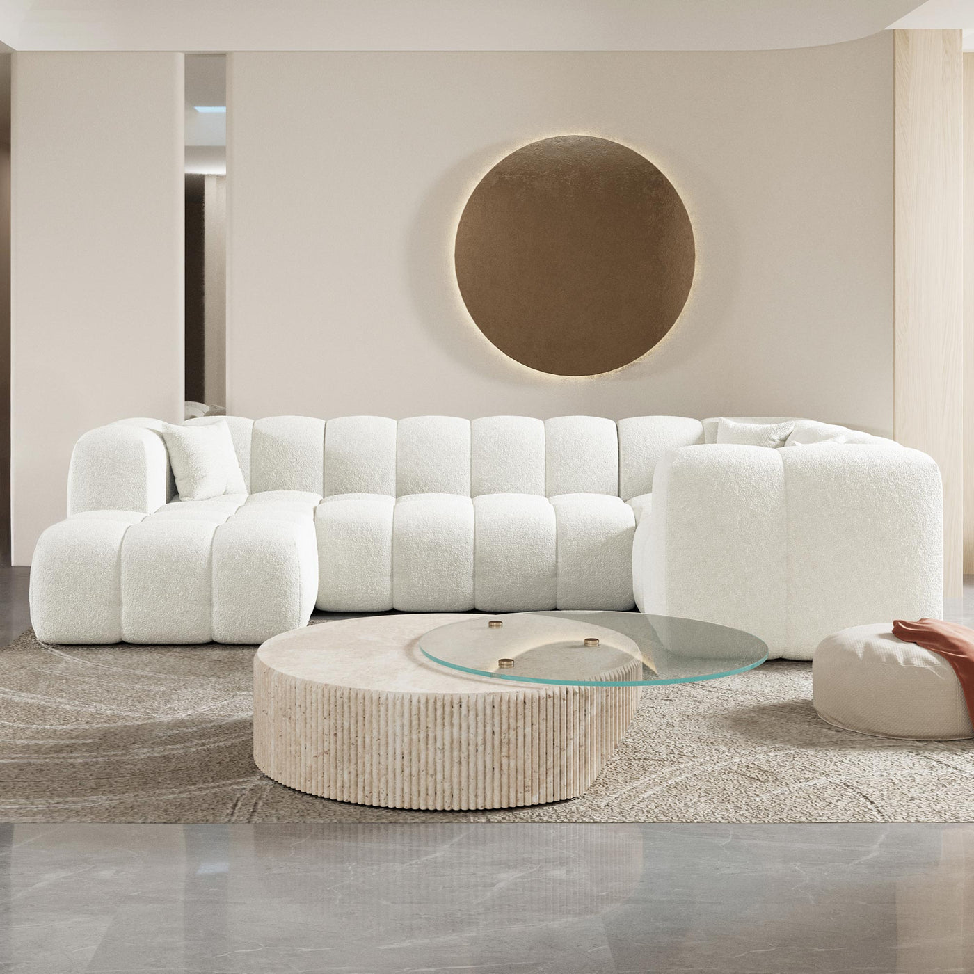 LAYANE Canapé panoramique tissu bouclette blanc écru - Angle gauche - Canapés panoramiques - Mobilier Deco