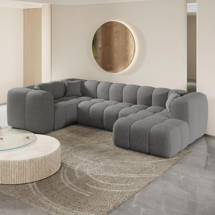 LAYANE Canapé panoramique tissu bouclette gris - Angle droit