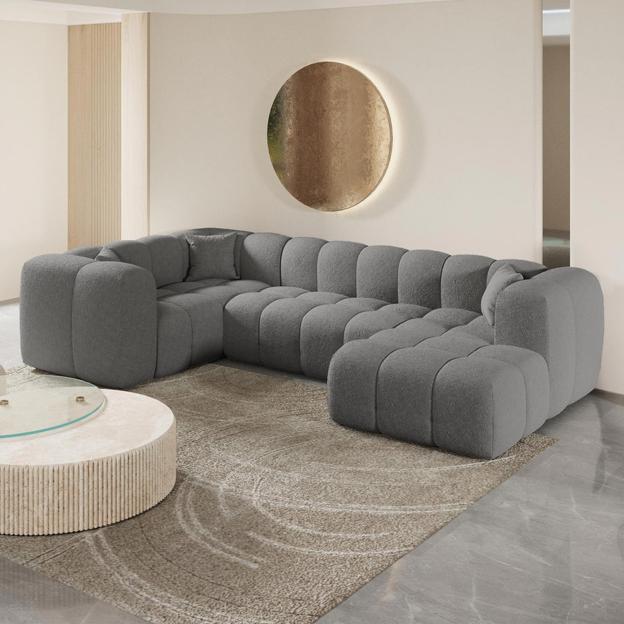 LAYANE Canapé panoramique tissu bouclette gris - Angle droit — aperçu vidéo