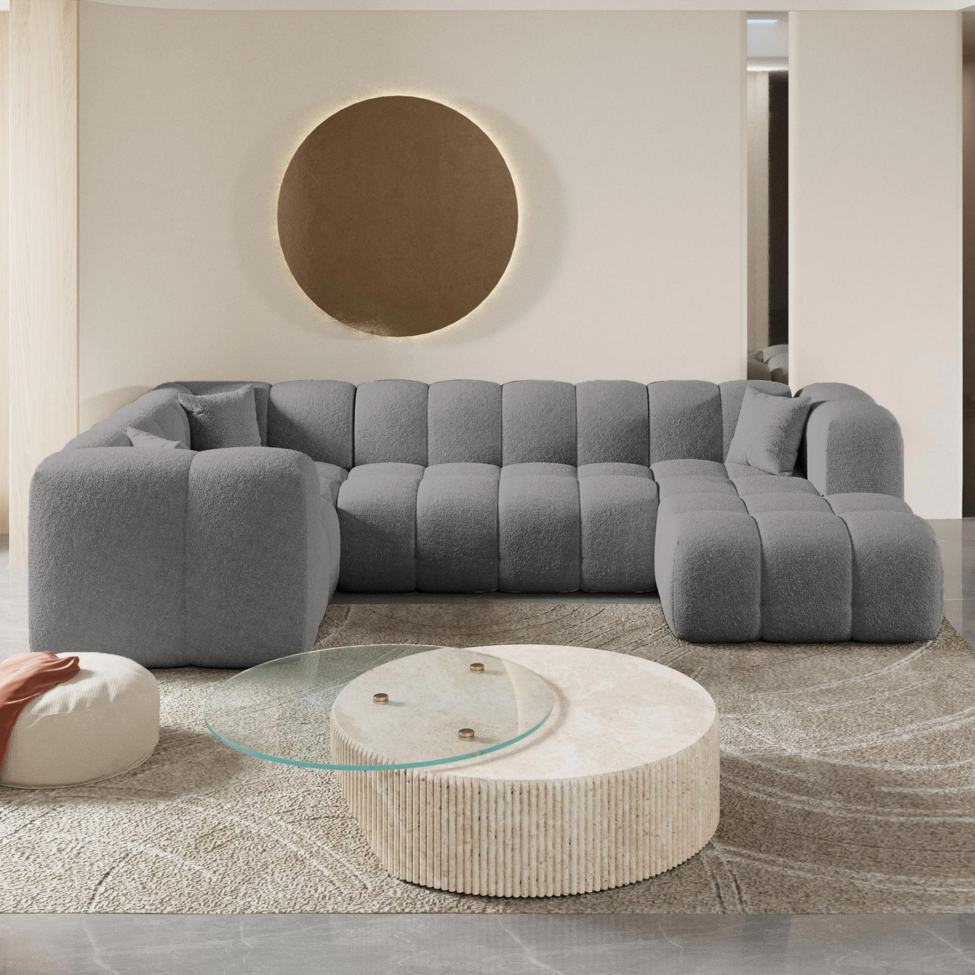 LAYANE Canapé panoramique tissu bouclette gris - Angle droit - Canapés panoramiques - Mobilier Deco