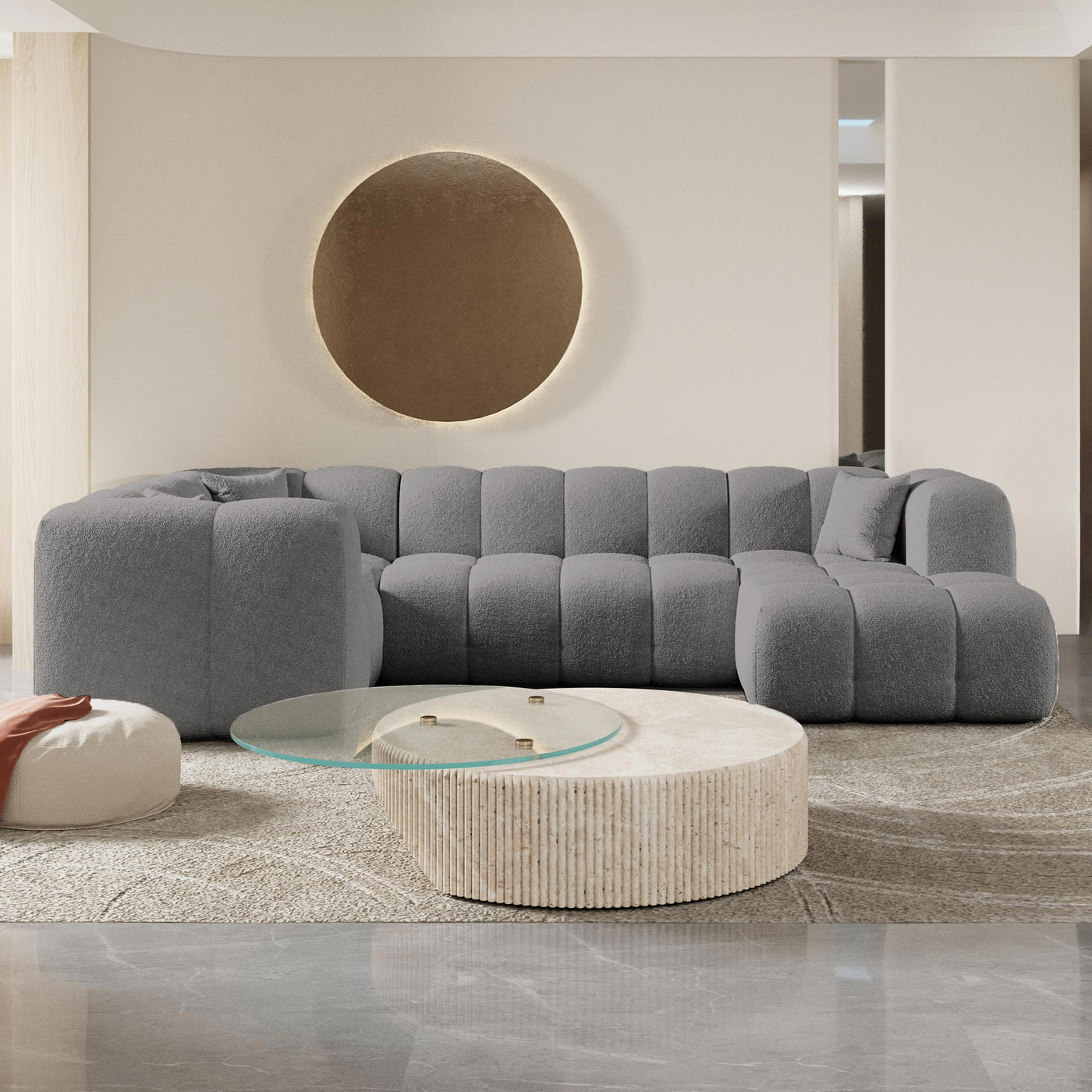 LAYANE Canapé panoramique tissu bouclette gris - Angle droit - Canapés panoramiques - Mobilier Deco