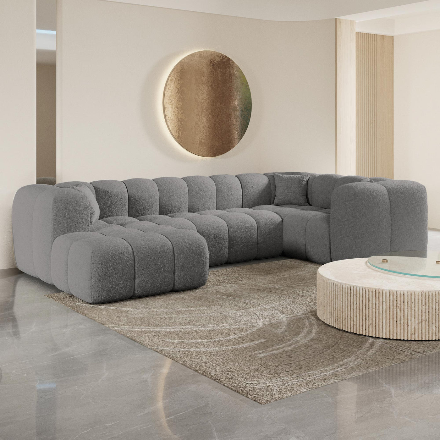 LAYANE Canapé panoramique tissu bouclette gris - Angle gauche - Canapés panoramiques - Mobilier Deco