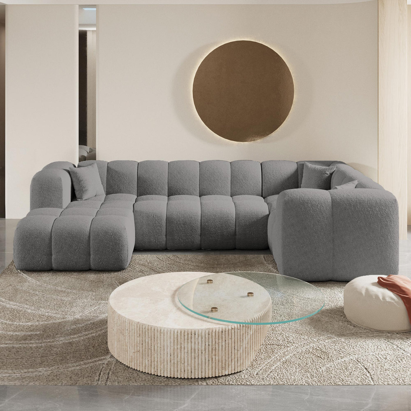 LAYANE Canapé panoramique tissu bouclette gris - Angle gauche - Canapés panoramiques - Mobilier Deco