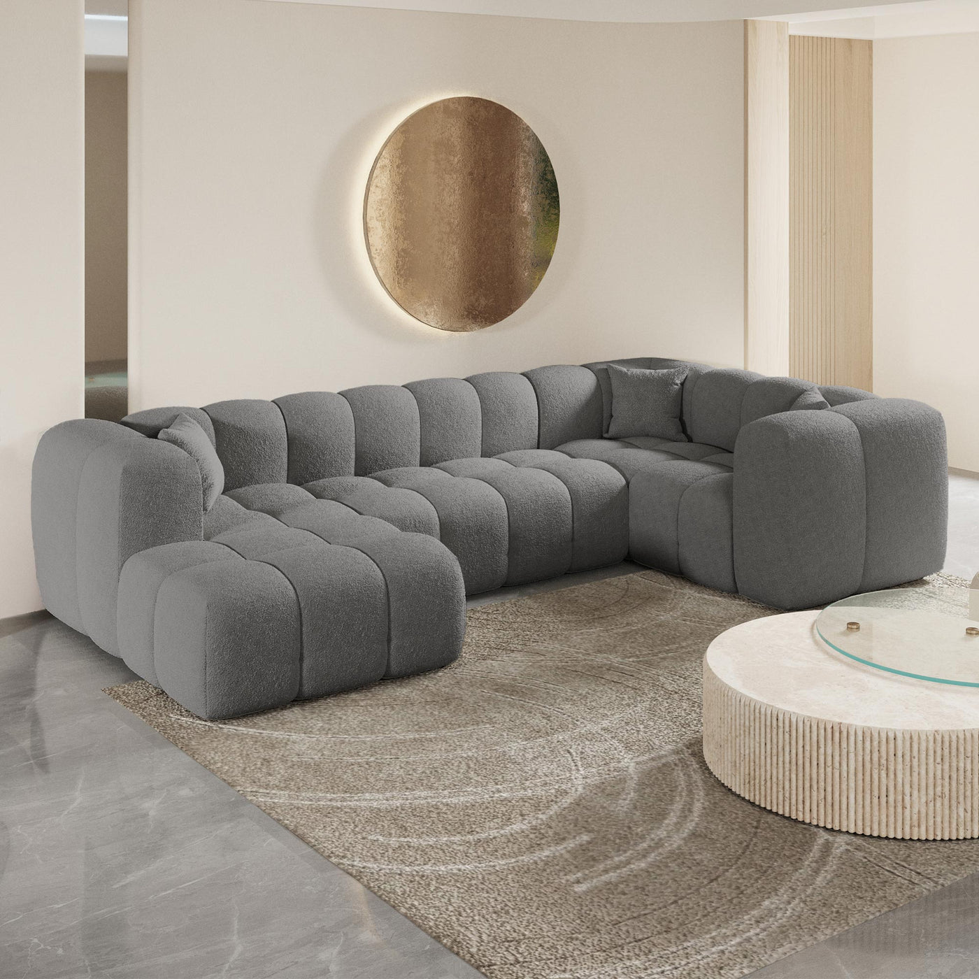 LAYANE Canapé panoramique tissu bouclette gris - Angle gauche - Canapés panoramiques - Mobilier Deco
