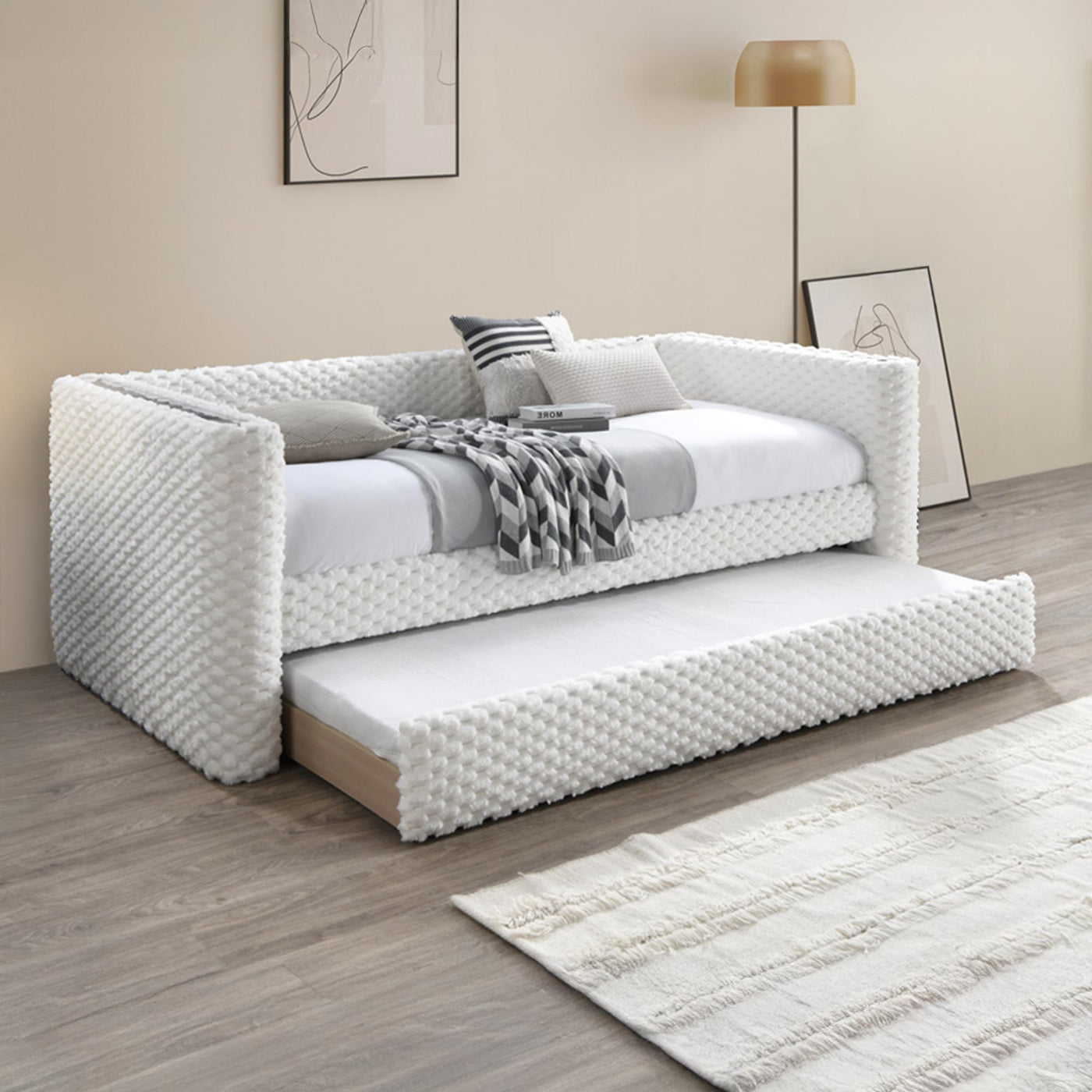 LEANA Lit gigogne tissu blanc 90x190 cm