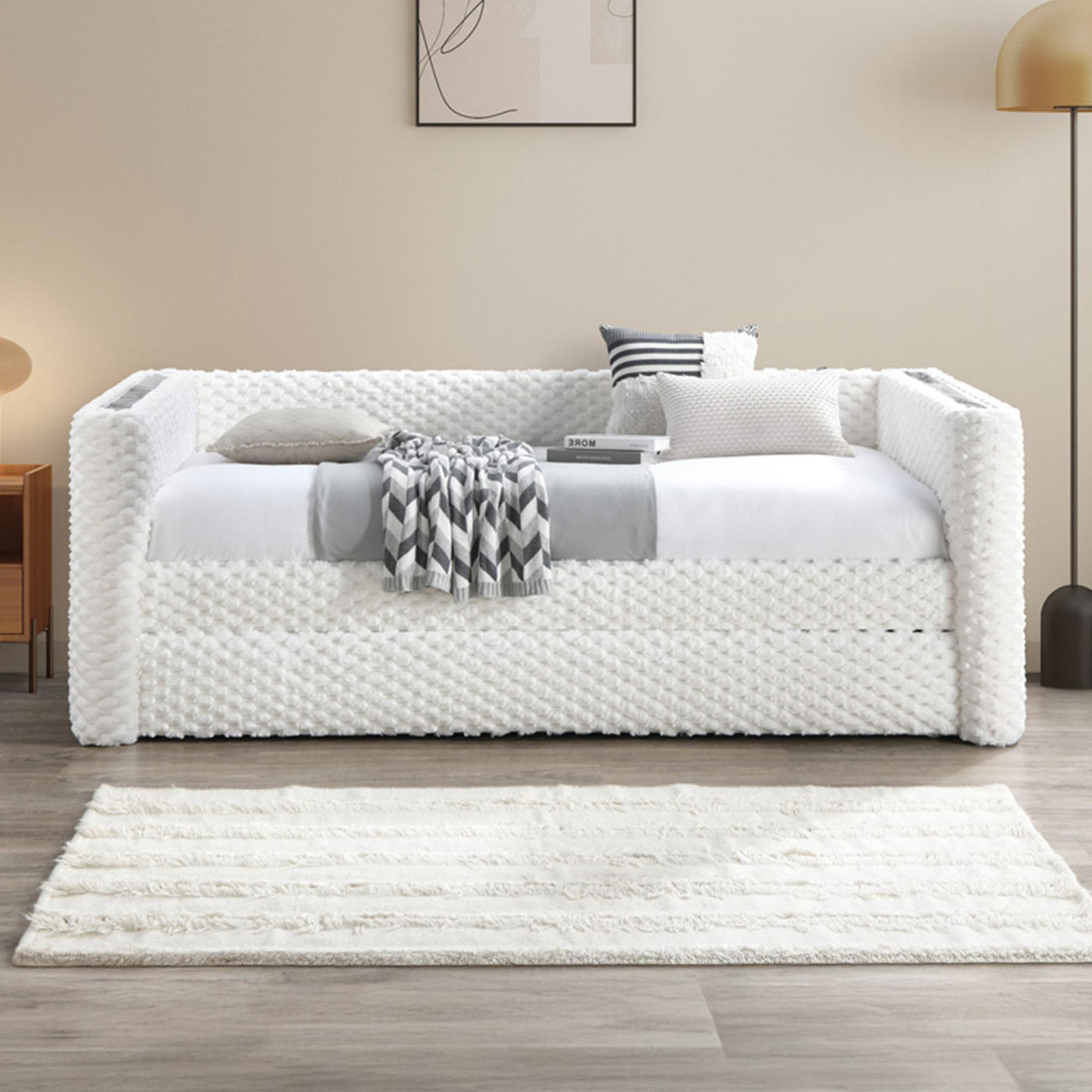 LEANA Lit gigogne tissu blanc 90x190 cm