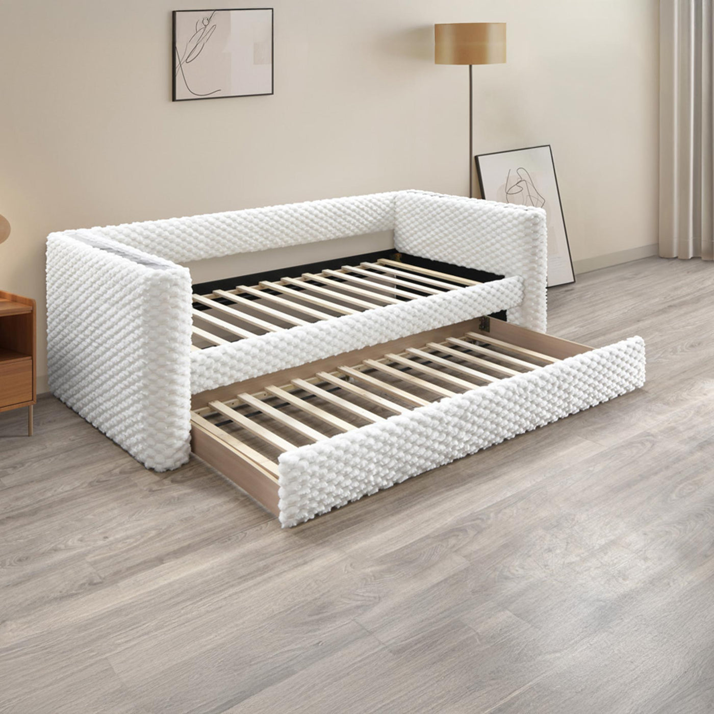 LEANA Lit gigogne tissu blanc 90x190 cm