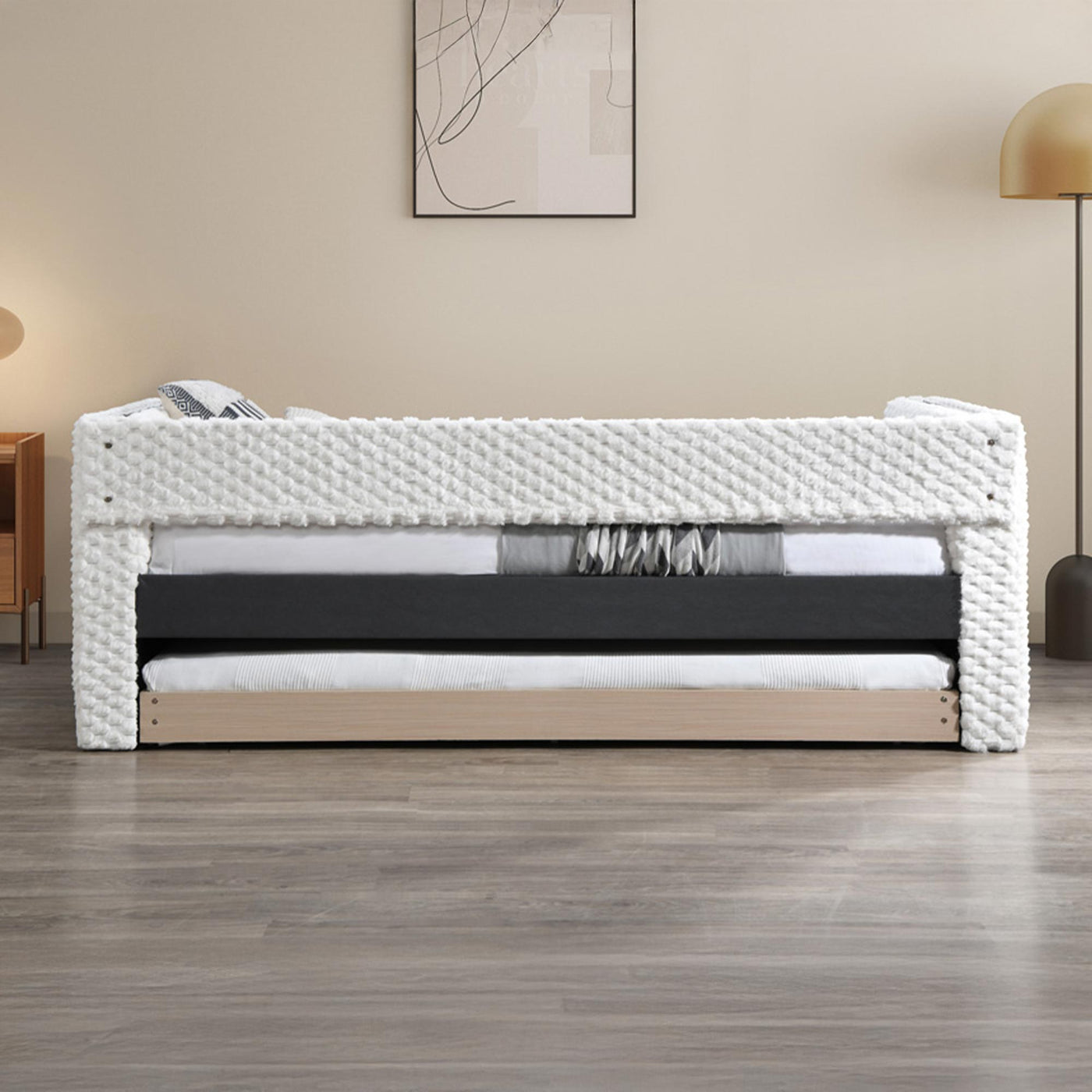 LEANA Lit gigogne tissu blanc 90x190 cm