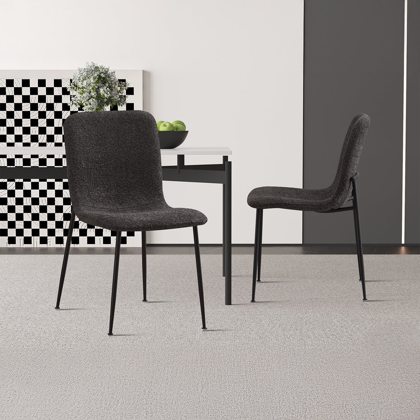 LEONOR Lot de 2 chaises en tissu bouclette gris foncé pieds en métal noir