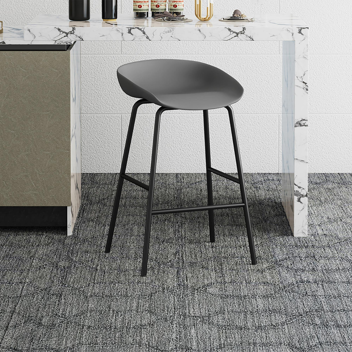 LEVIA Lot de 4 tabourets en plastique gris piètement métal noir