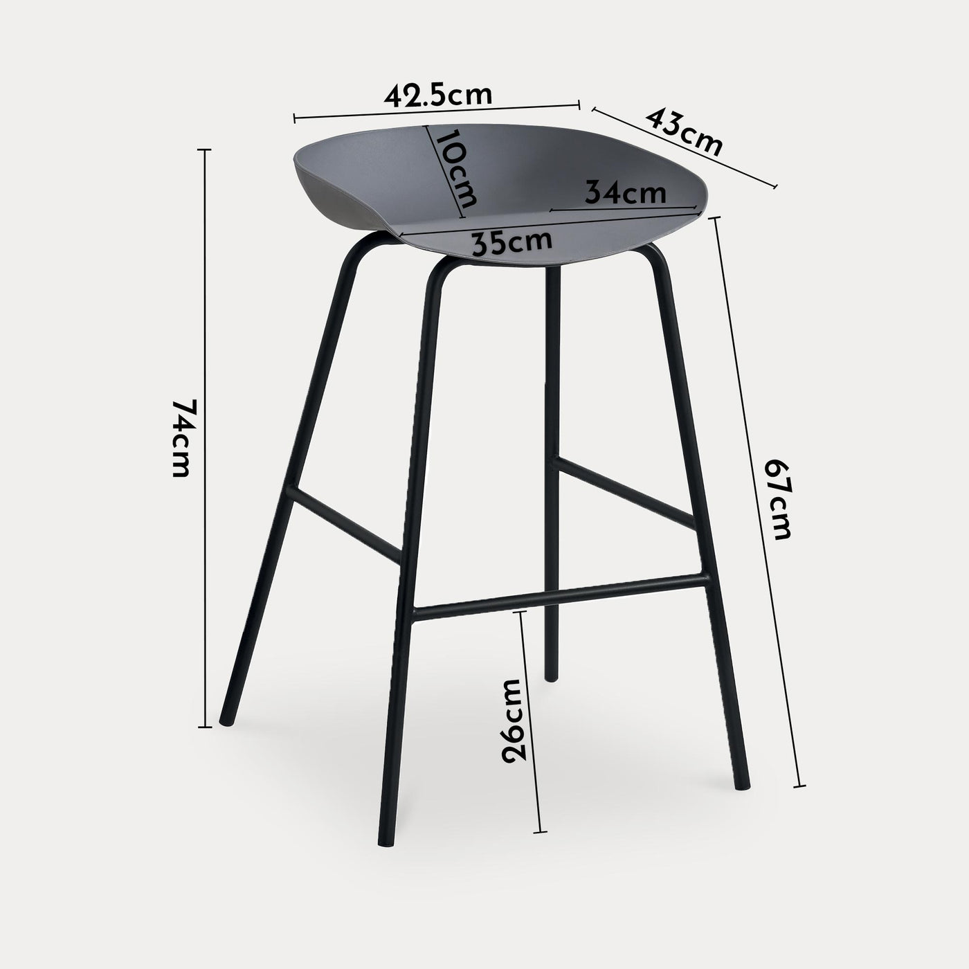 LEVIA Lot de 4 tabourets en plastique gris piètement métal noir