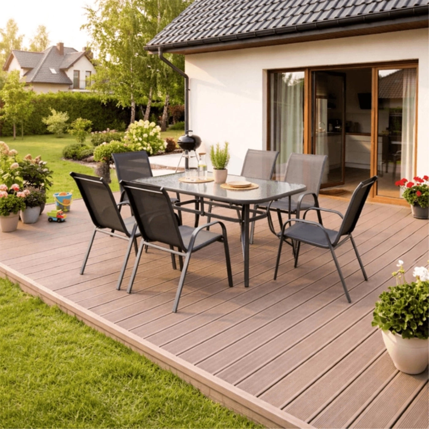 LIBERTY Ensemble de mobilier de jardin avec 6 chaises et table en verre et métal noir - Mobilier de jardin - Mobilier Deco