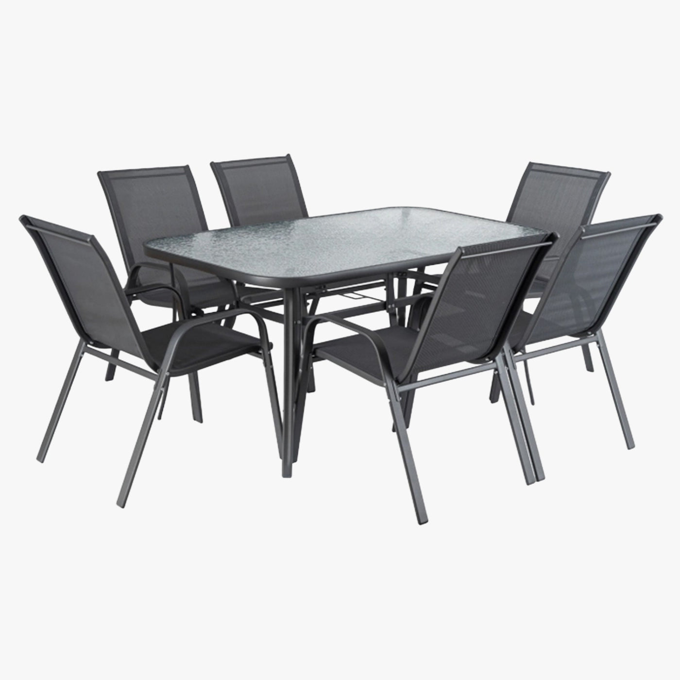 LIBERTY Ensemble de mobilier de jardin avec 6 chaises et table en verre et métal noir - Mobilier de jardin - Mobilier Deco