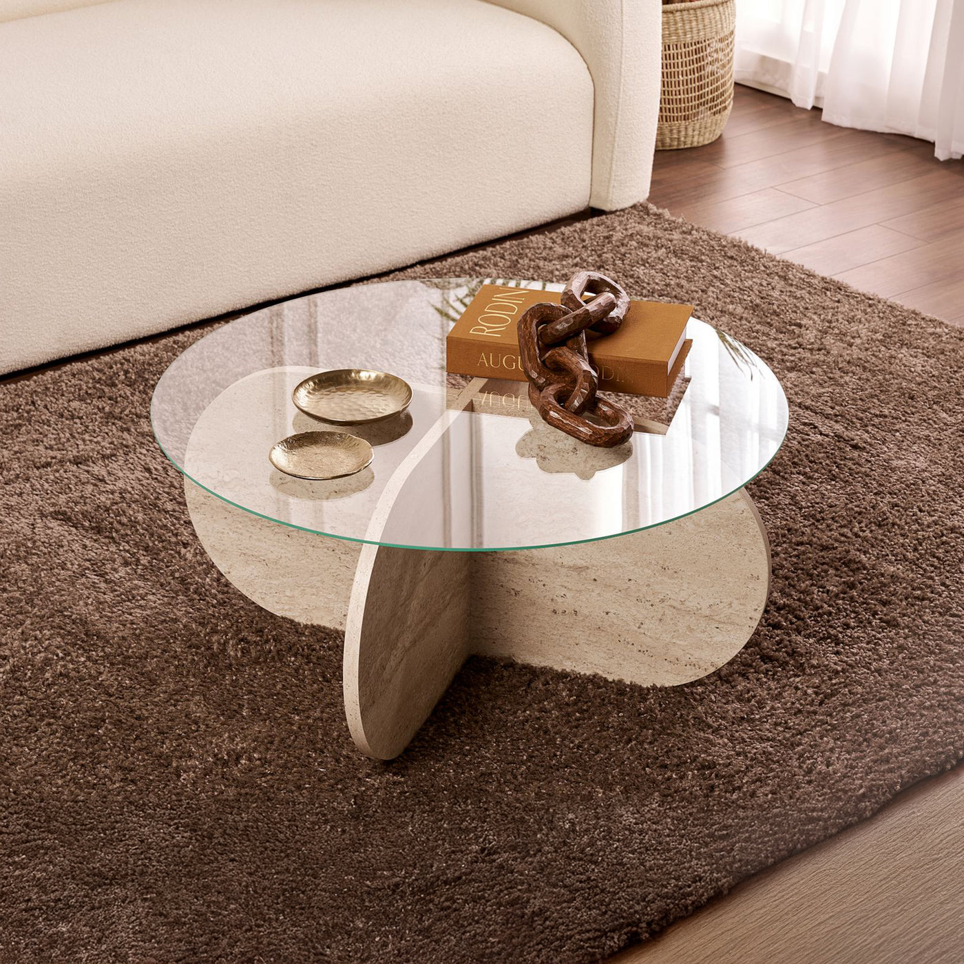LILY Table basse ronde en verre piètement beige D75 cm