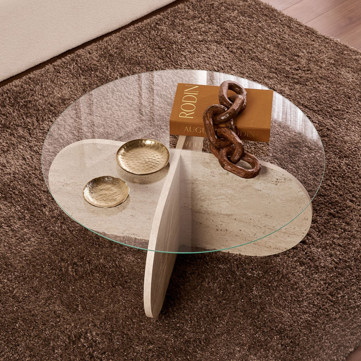LILY Table basse ronde en verre piètement beige D75 cm