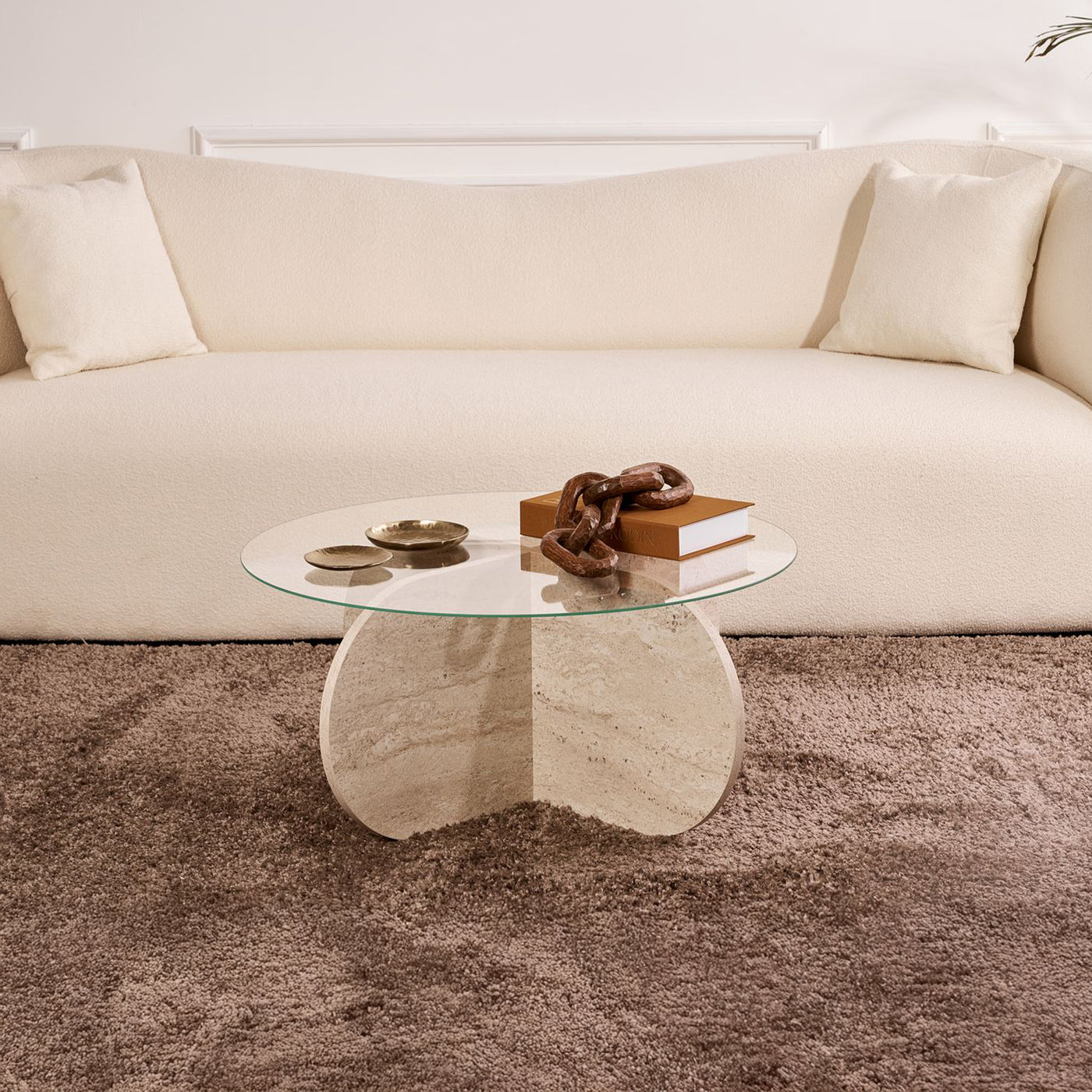 LILY Table basse ronde en verre piètement beige D75 cm