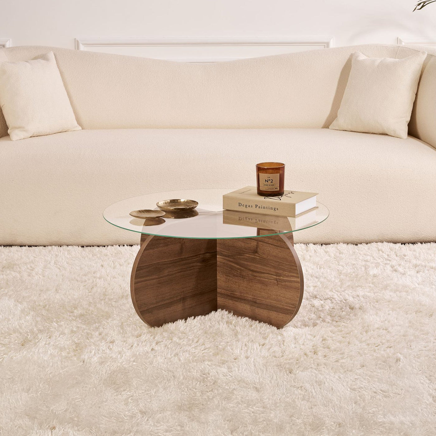 LILY Table basse ronde en verre piètement couleur bois foncé D75 cm - Table basse - Mobilier Deco