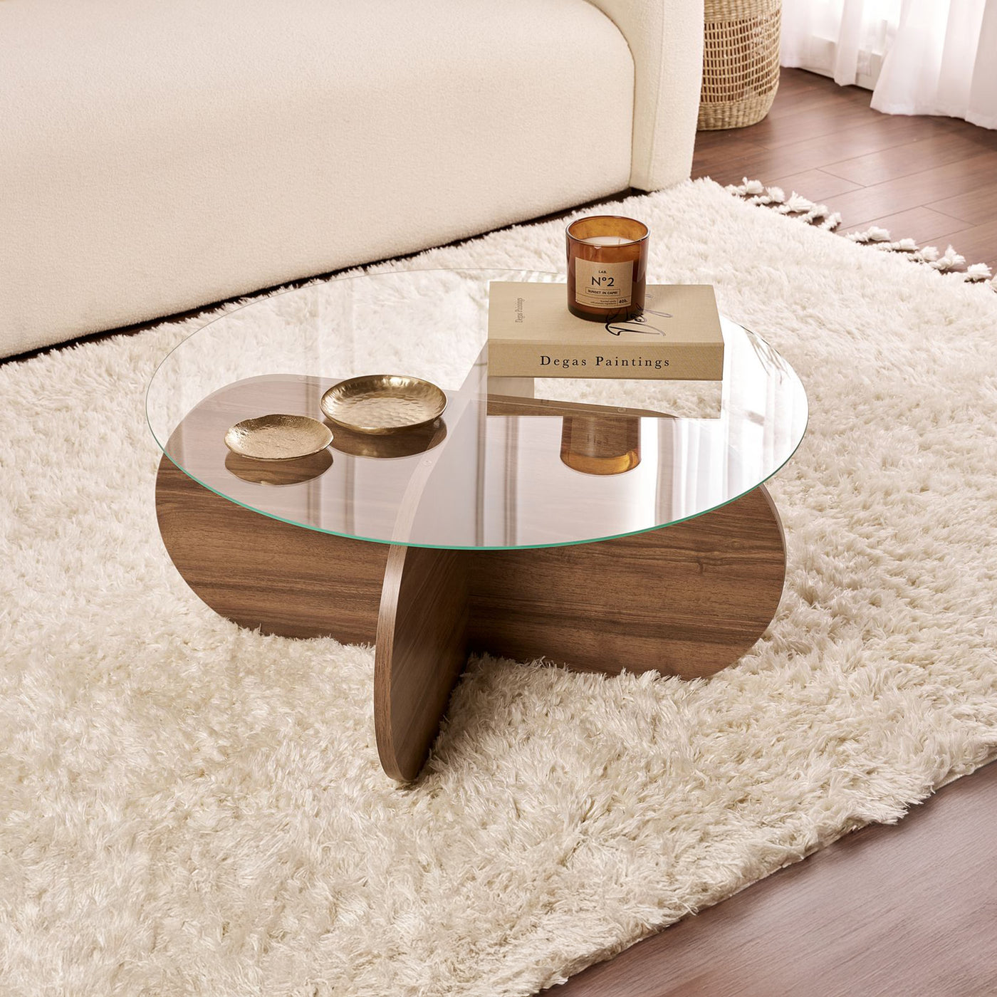 LILY Table basse ronde en verre piètement couleur bois foncé D75 cm