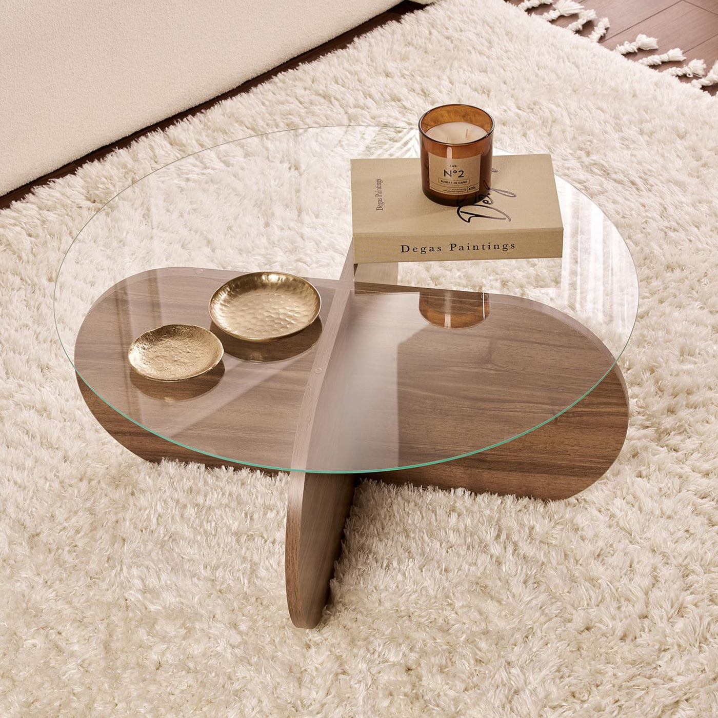 LILY Table basse ronde en verre piètement couleur bois foncé D75 cm