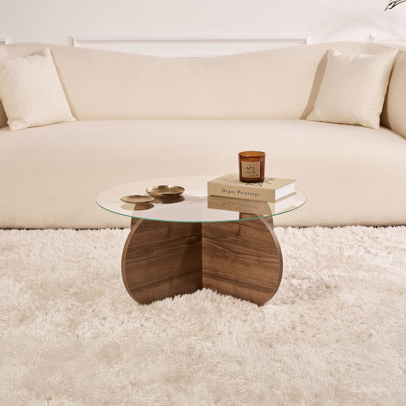 LILY Table basse ronde en verre piètement couleur bois foncé D75 cm