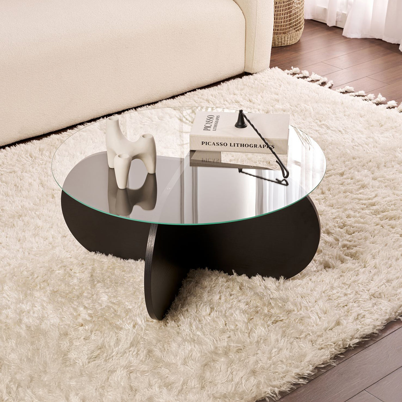 LILY Table basse ronde en verre piètement couleur bois noir D75 cm