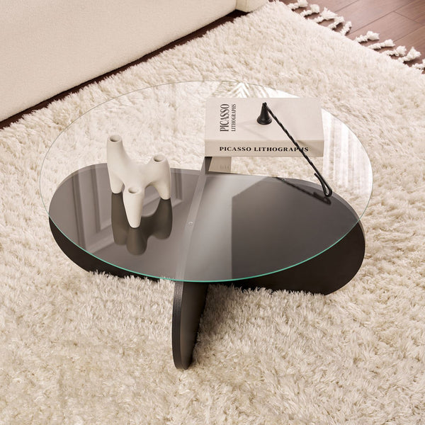 LILY Table basse ronde en verre piètement couleur bois noir D75 cm
