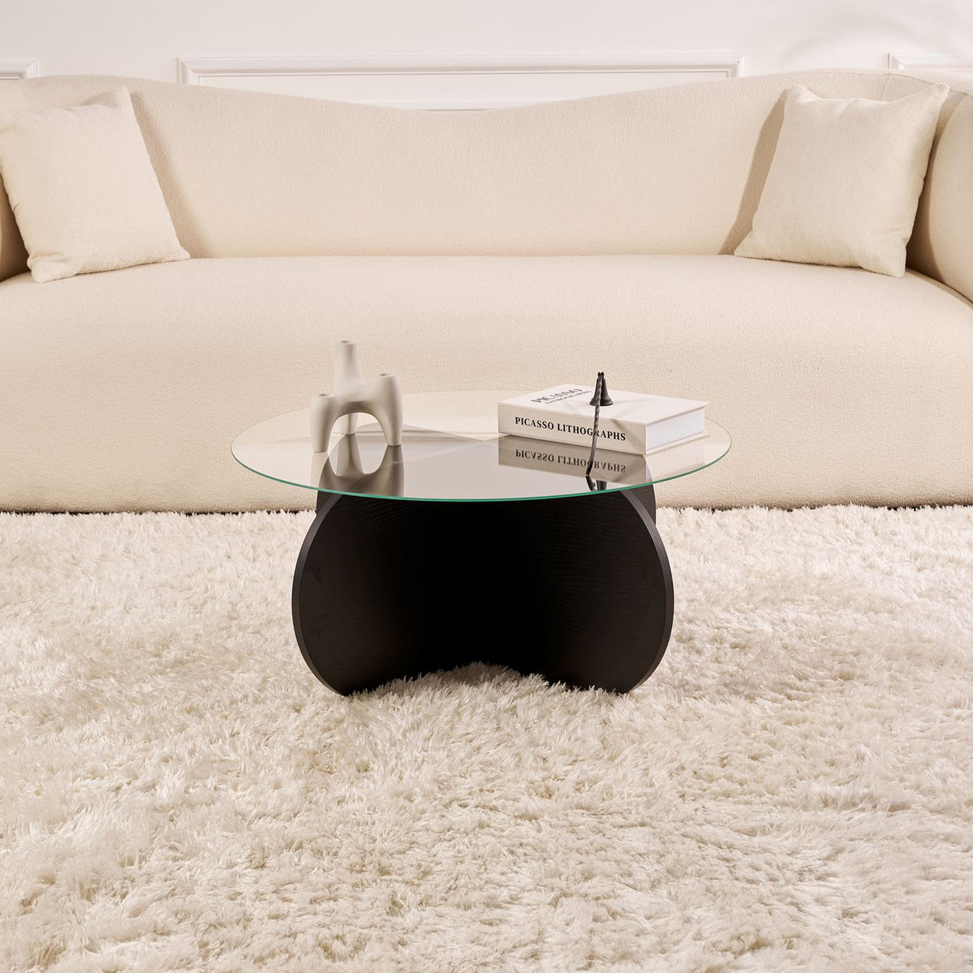 LILY Table basse ronde en verre piètement couleur bois noir D75 cm