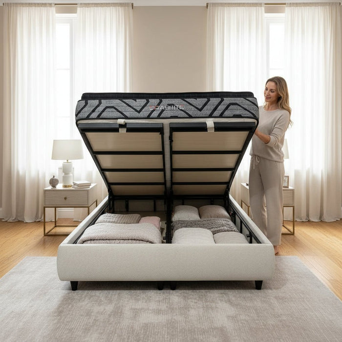 LINE Lit double en tissu beige avec coffre 180x200 cm