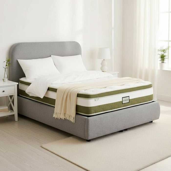 LINE Lit double en tissu gris vert avec coffre 140x190 cm