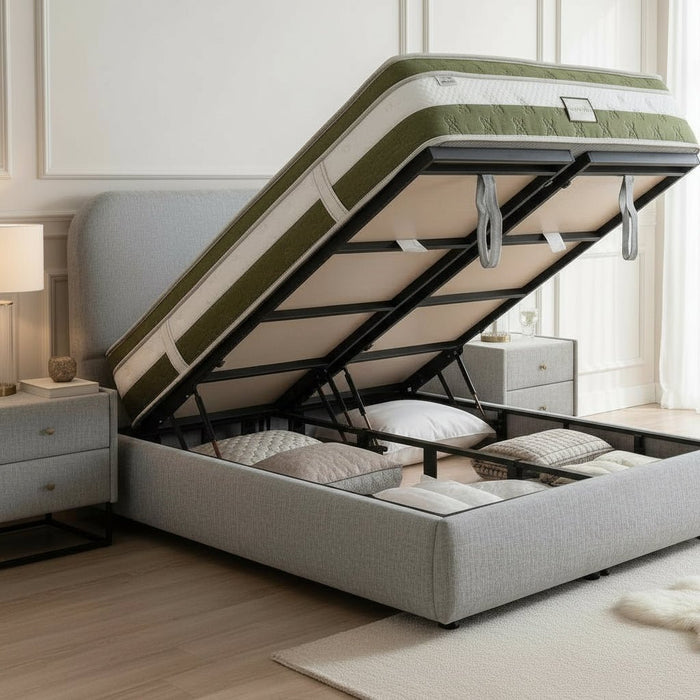 LINE Lit double en tissu gris vert avec coffre 140x190 cm
