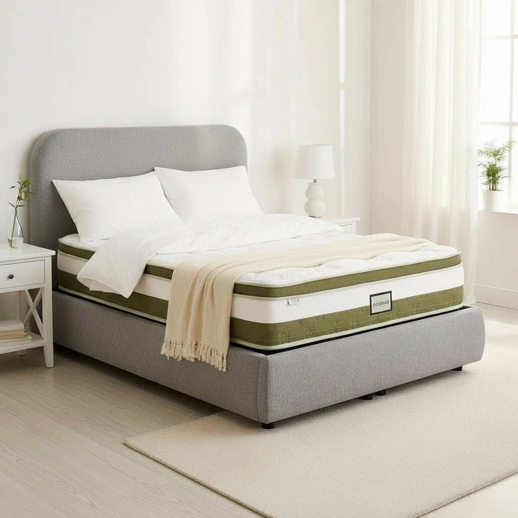 LINE Lit double en tissu gris vert avec coffre 160x200 cm