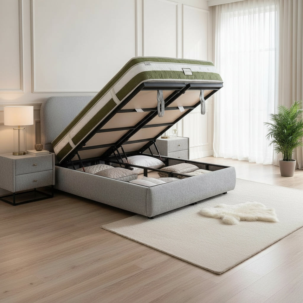 LINE Lit double en tissu gris vert avec coffre 160x200 cm