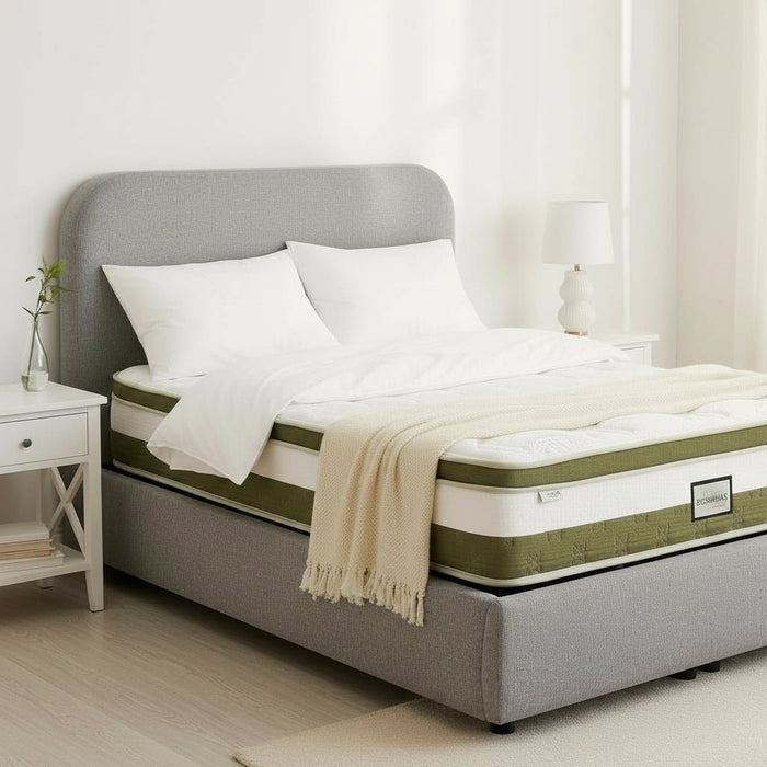 LINE Lit double en tissu gris vert avec coffre 180x200 cm