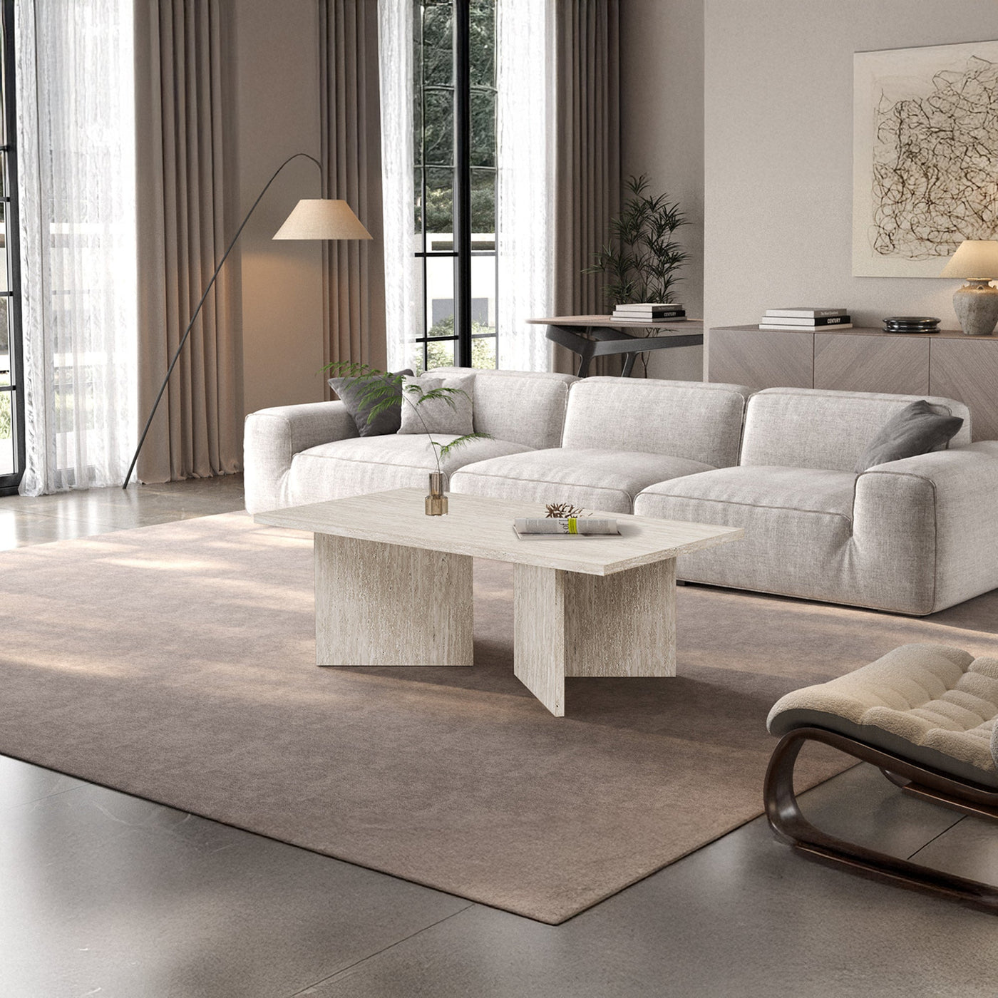 LITAR Table basse rectangulaire couleur travertin beige 125 cm - Table basse - Mobilier Deco