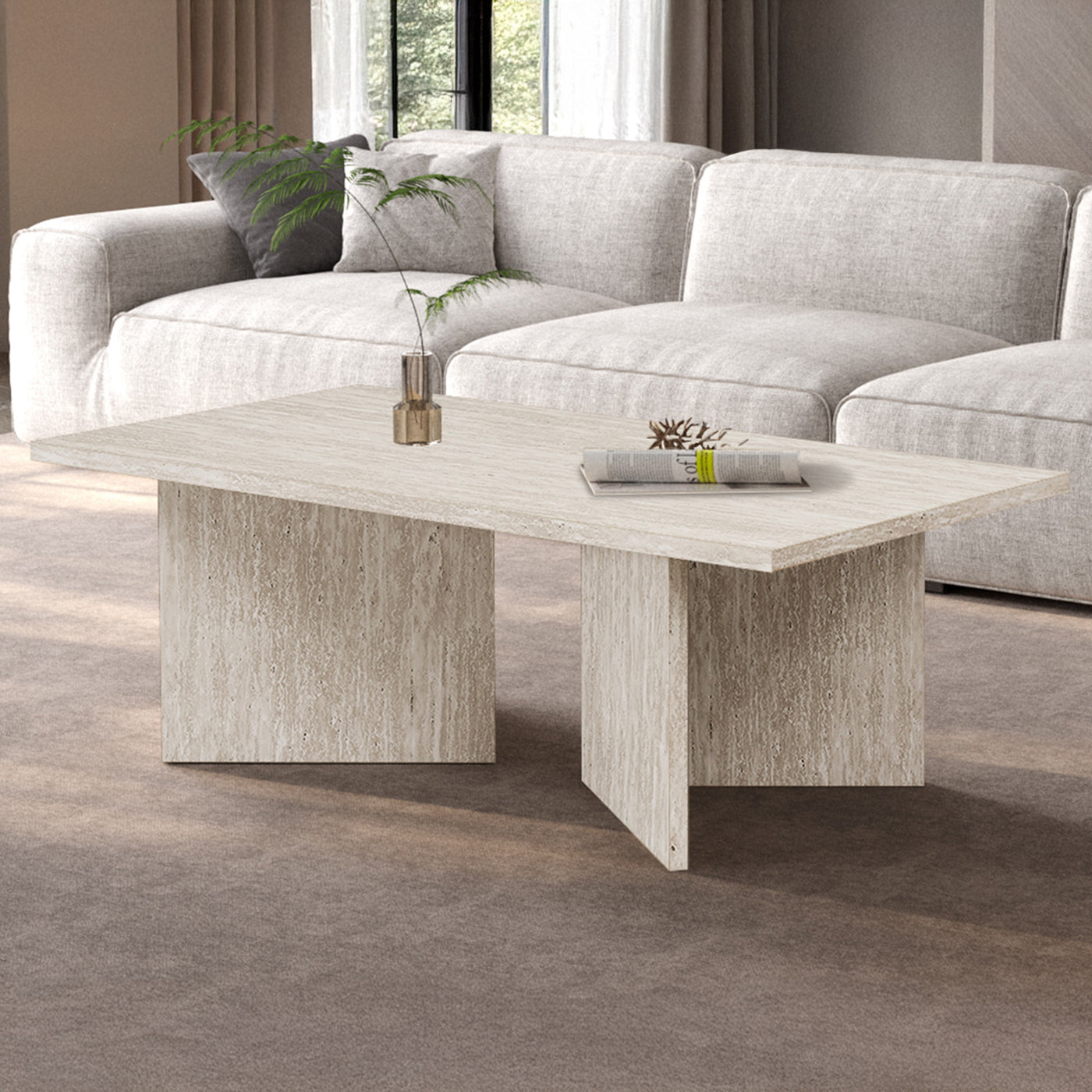 LITAR Table basse rectangulaire couleur travertin beige 125 cm