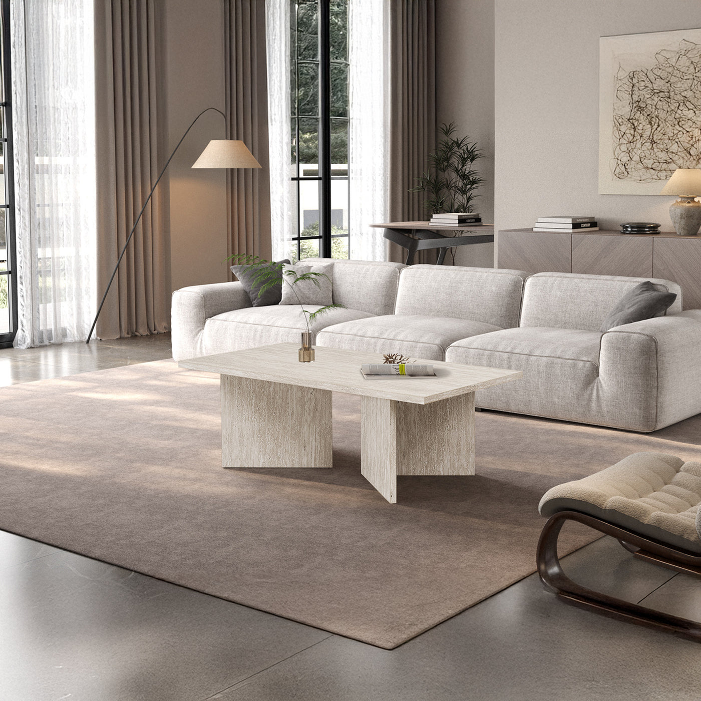 LITAR Table basse rectangulaire couleur travertin beige 125 cm