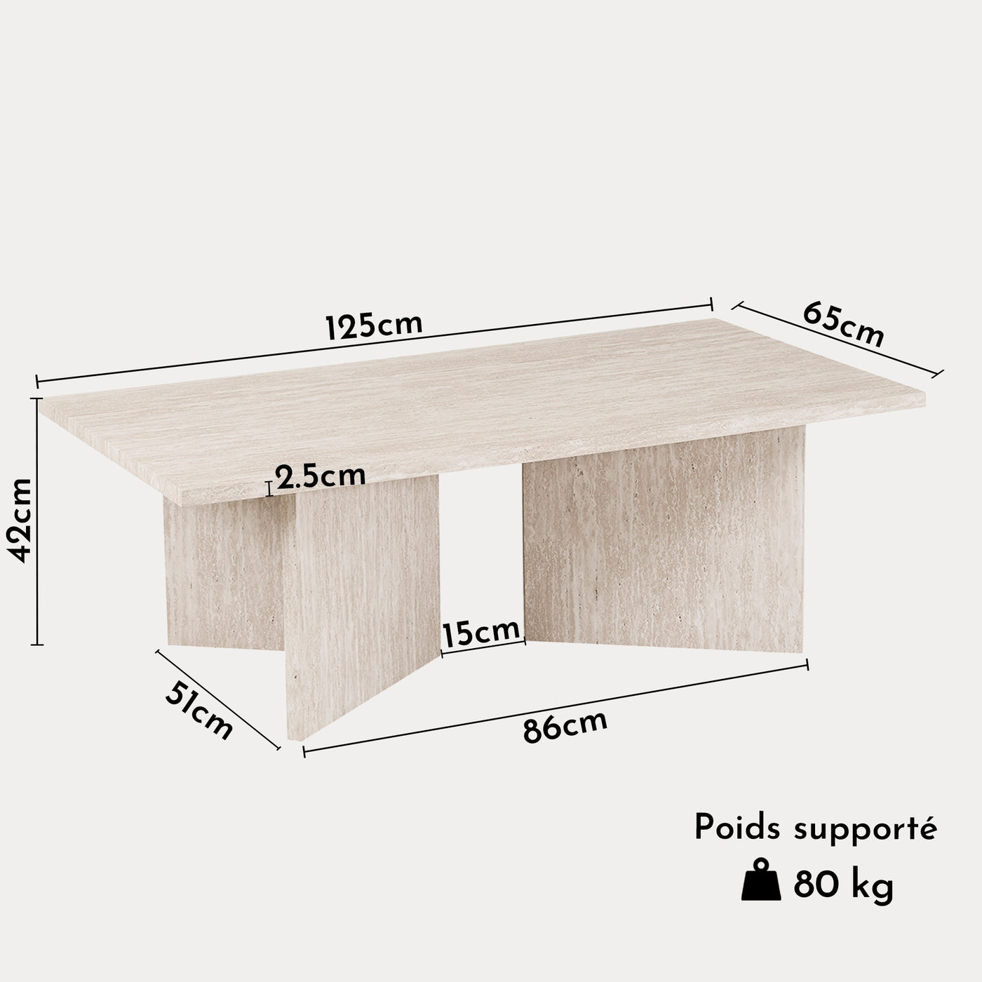 LITAR Table basse rectangulaire couleur travertin beige 125 cm