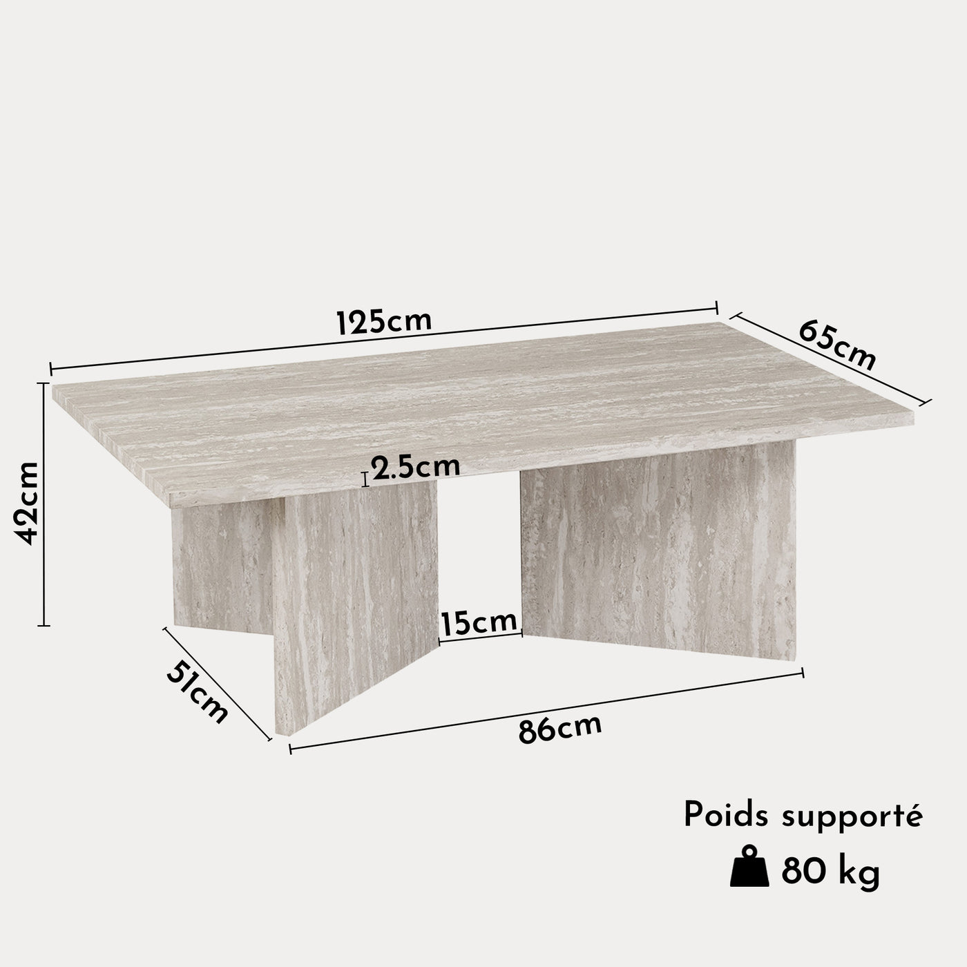 LITAR Table basse rectangulaire couleur travertin gris 125 cm