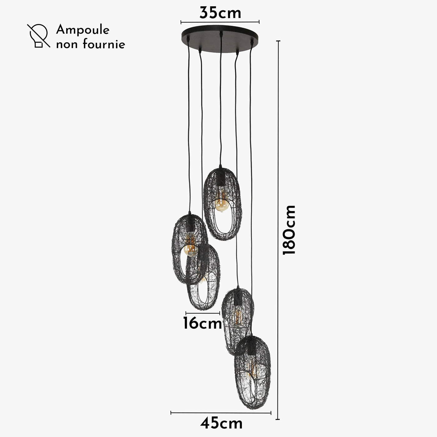 LIXA Suspension ovale 5 lampes en métal noir 45x180 cm - Luminaires - Mobilier Deco