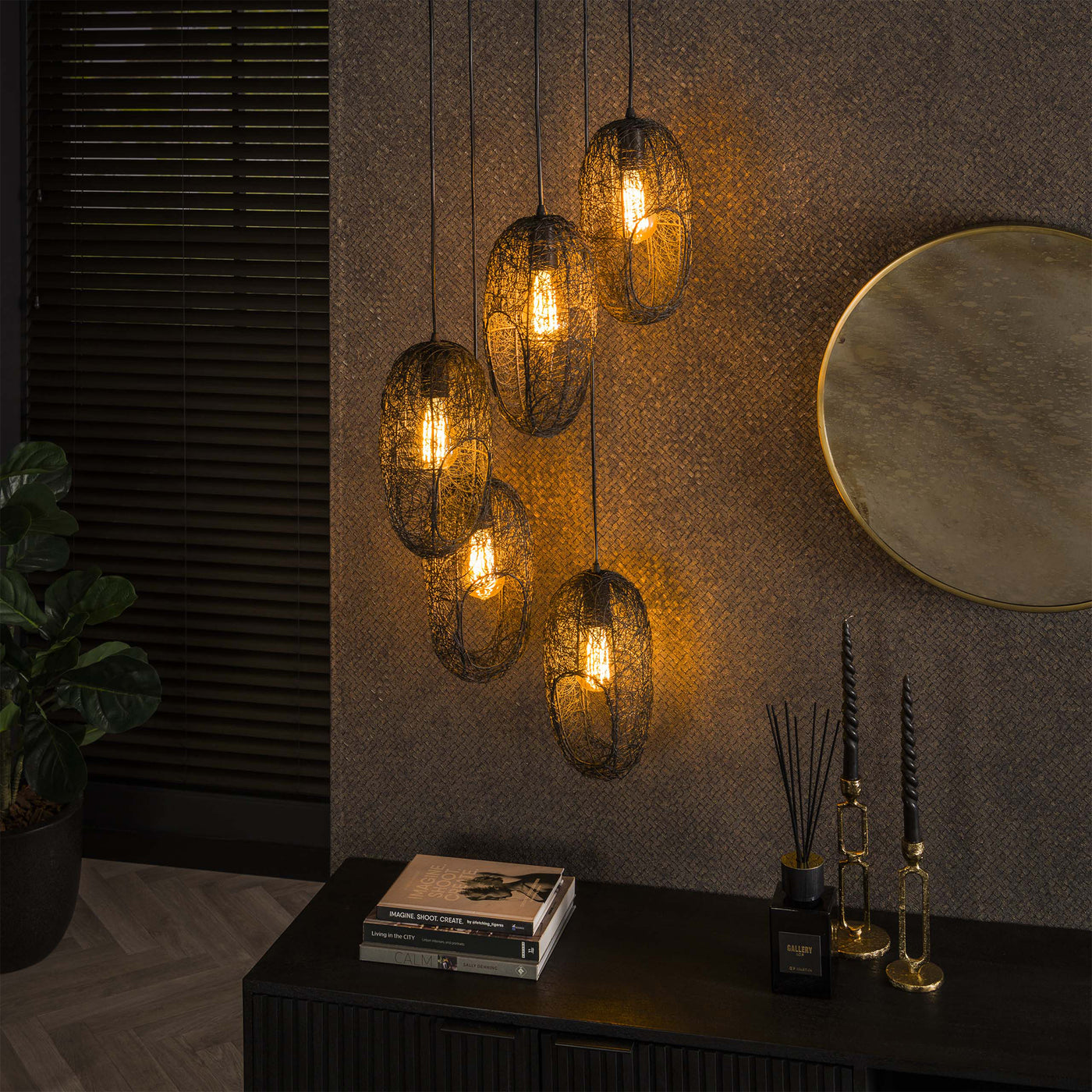 LIXA Suspension ovale 5 lampes en métal noir 45x180 cm