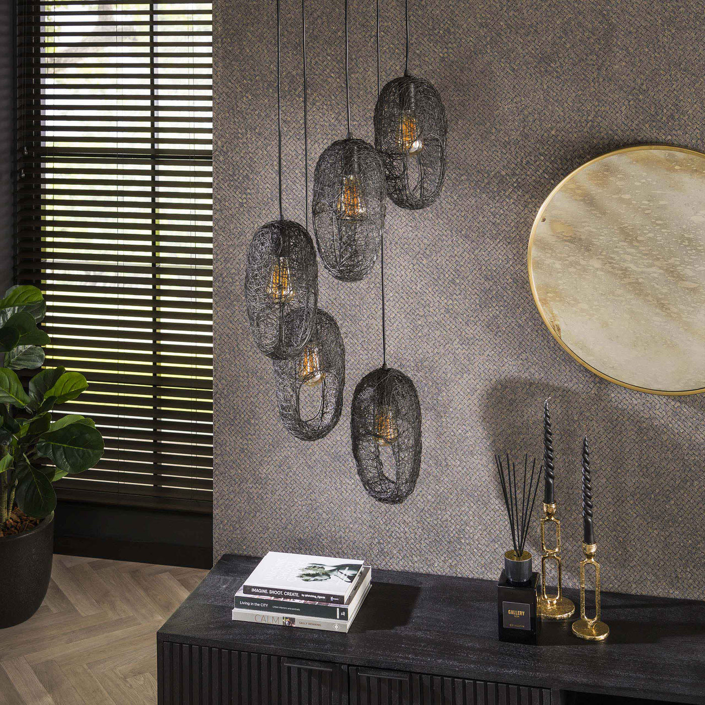 LIXA Suspension ovale 5 lampes en métal noir 45x180 cm